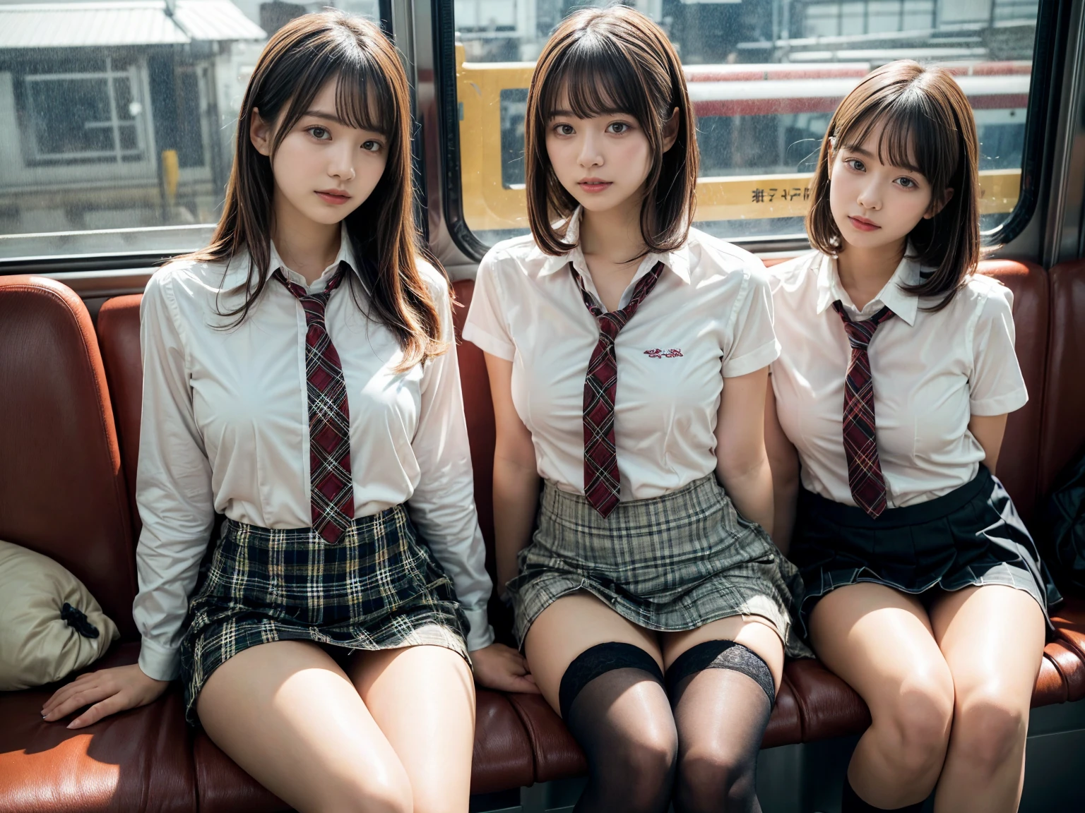 masterpiece, best quality, illustration, Super detailed, fine details, High resolution, 8K,wall paper, perfect dynamic composition,(Details High quality, realistic depiction of eyes:1.3), (3 girls), (white school shirt :1.2), (plaid skirt :1.3), tie black, black thigh-high stockings, sitting, open legs, short bob hair, Sitting on a train in Tokyo, deep on field, large breasts, black hair color, Big Natural Color Lip, (perfect body shape), crying a little、Harajuku style、20 year old girl、cute type、beautiful legs, Gravure Idol