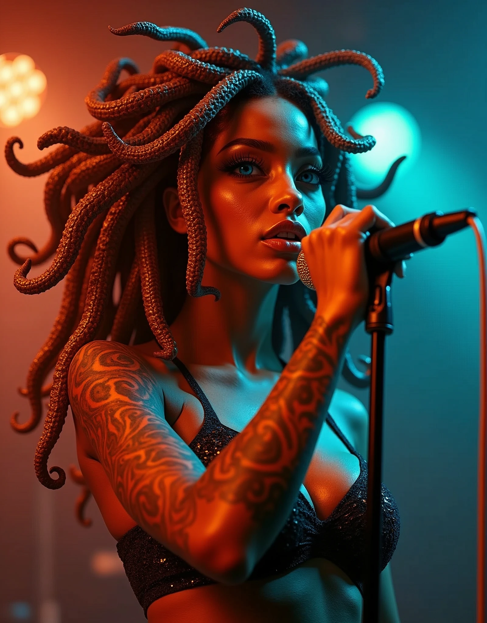 "A solo hip hop gangtsa shot featuring 1girl, blue eyes, orange skin, tentacle hair  showcasing her skill as a rapper.. badass on the mic spitting sick ass bars yo !" DealWithIt