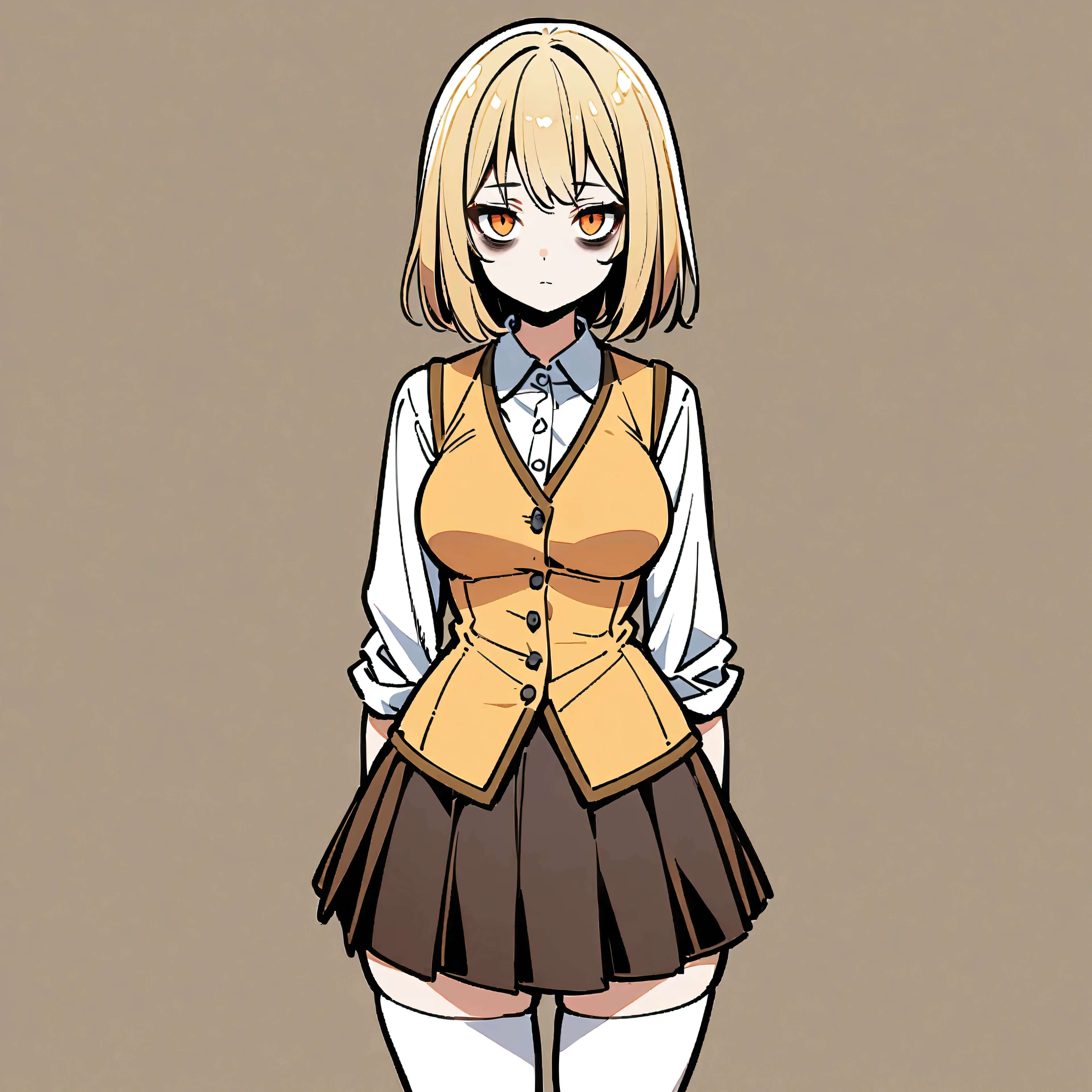 1girl, short messy blonde hair, orange eyes, ((bags under eyes)), medium breasts, wide hips, thick tighs, narrow waist, short height, yellow cardigam vest, white buttoned shirt, pleated skirt, white thigh high socks, expressionless face, ((standing)), ((solo)), looking towards the viewer, from the front, simple background
