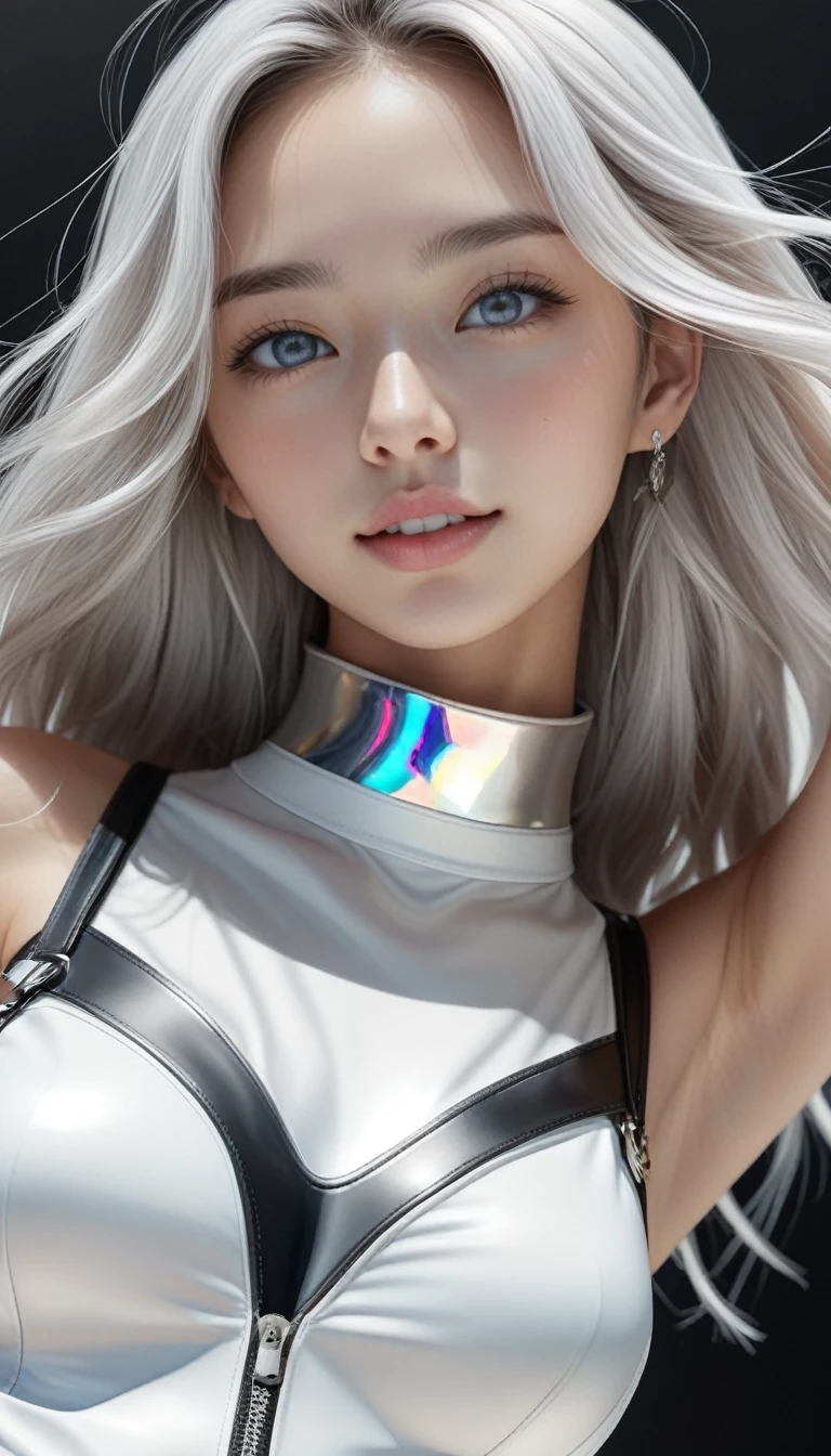 masterpiece, (Hyper detailed best quality.:1.4), realist, Haute Couture Portrait, A dancer who expresses light and darkness., (1 girl, beautiful woman:1.2), (whole body shot, model:1.2), REST beautiful young woman, small head, break detailed whole body, Detailed body line, Detailed chest and breast line., detailed buttocks, detailed legs, (Perfect balance between left and right., big breasts, impossible clothes, big buttocks), (very thin waist:1.2), (beautiful muscular legs, beautiful foot:1.2), White and beautiful silky skin., small head, (wide angle:1.2), (whole body shot from below:1.2), break detailed whole body wear, (high tech futuristic jumpsuit:1.4), (white body with metallic details:1.3), (high cut leg openings:1.3), (layered over white shorts:1.4), (silver metallic accessories:1.3), (Futuristic sneakers with a thick platform and high top:1.4), (sunglasses with silver visor:1.3), (silver statement earrings:1.3), (stacked silver bracelets:1.2), (Silver choker necklace:1.2), (Futuristic silver belt with dangling charms:1.3), (white holographic backpack:1.3), (Bright LED details:1.3), BREAK small head, detailed face, cute and quite thin face, Duck mouth, perfect beautiful tooth, gray hair arranged, bright Eyes, light colored eyes, happy, spectator looking, BREAK (in a concrete, realist black Shadow, realist white lightning:1.2),