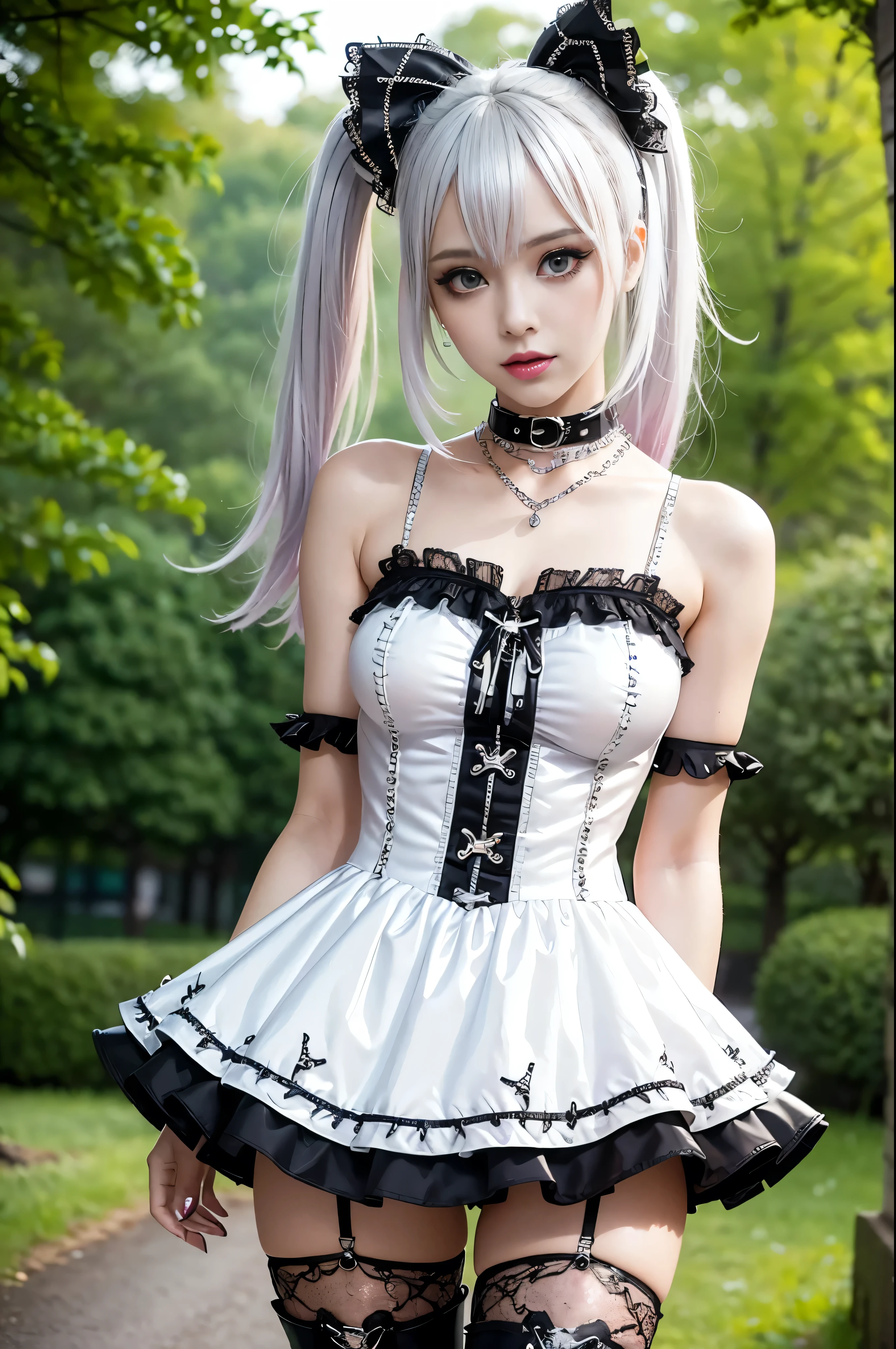 sexy and elegant swedish model, only 1 female, ((doll appearance)), long sleek neon pink hair, ((shiny punk style boots)), (big smile), Ultra detailed eyes, punk makeup, lipgloss, ((cosplay sexy punk lolita)), unconventional skirt, petticoat, High neckline, ((Ultra detailed lace)), ((ultra detailed embroidery)), intricate details, tartan patterns, (silver chains), (Silver Peaks), (not to be missed), Punk lolita accessories, Punk lolita choker, ((Big, shiny Punk Lolita jewelry)), cinematic light, detailed background of a large park with trees