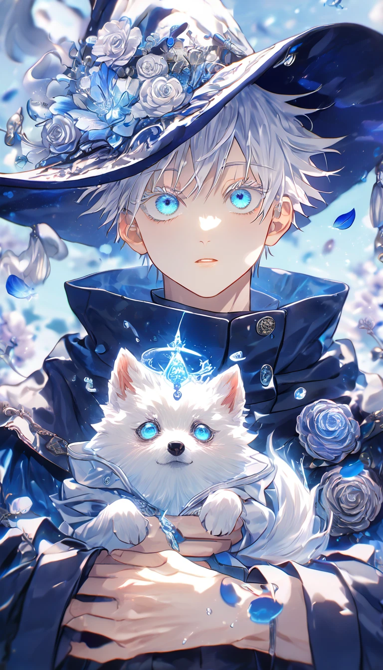 absurdres, highres, ultra detailed, HDR, master piece, Gojou Satoru, white hair with bangs, white eyelashes, expressive blue eyes, boy hugging a small wolf, white dog, expressive blue eyes, Jujutsu Kaisen, magical hat, cute, best quality, blue moon, flowers, fantasy, magical, solo, water, blue shining fireflies, blue petals, cape, the word "Krozseria" is written on his shirt,