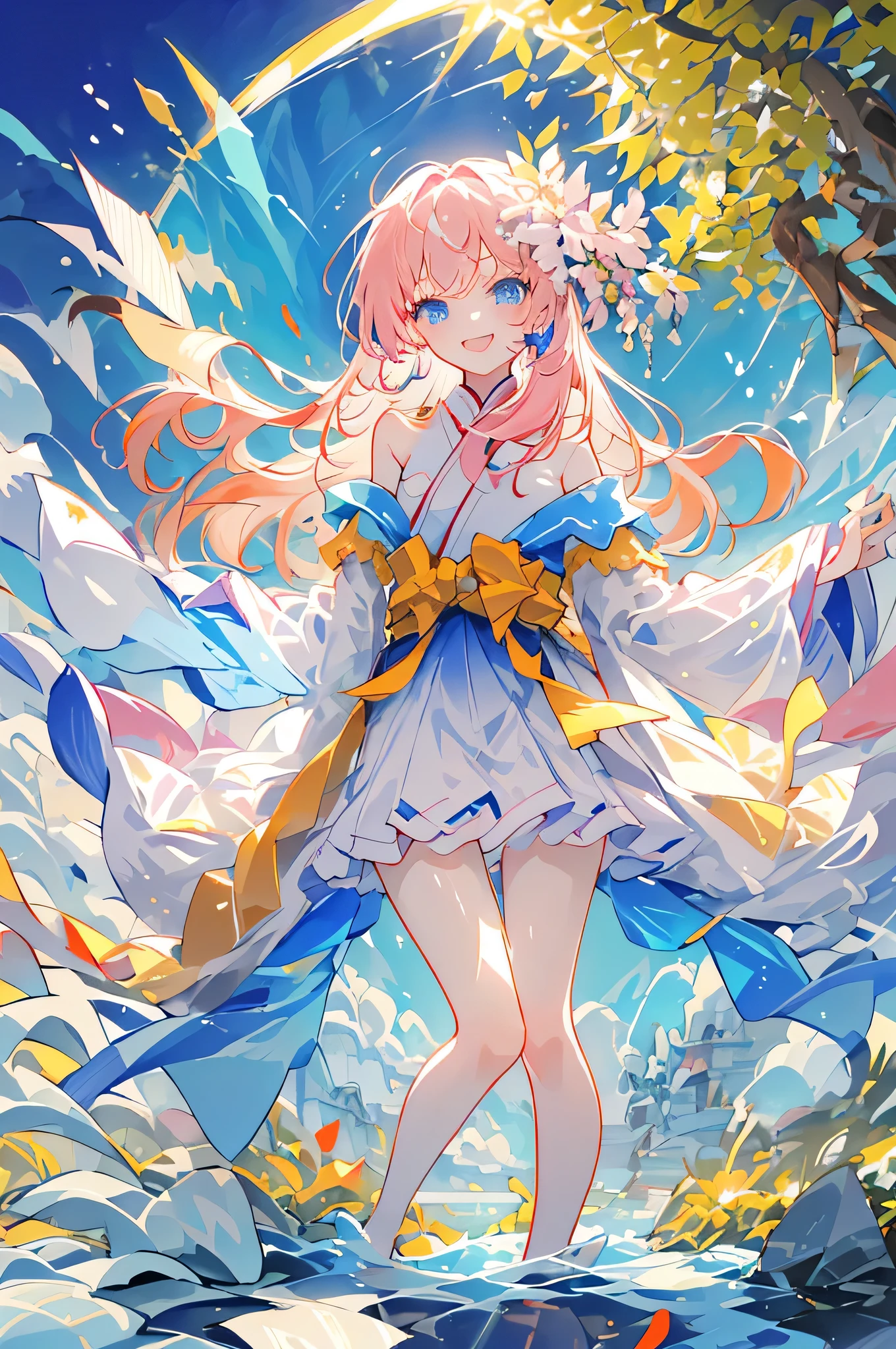 ((masterpiece,best quality))just 1girl,look at the front horizontally, happy, the whole body,Skin whitening,blue eyes,thin,Thigh length,slender waist, long hair,pink hair,white clother, outdoors,white hanfu,china style,(off shoulder),Exposed legs,cloudy weather,Trees, flowers, summer,Stone floor ,wide vision,