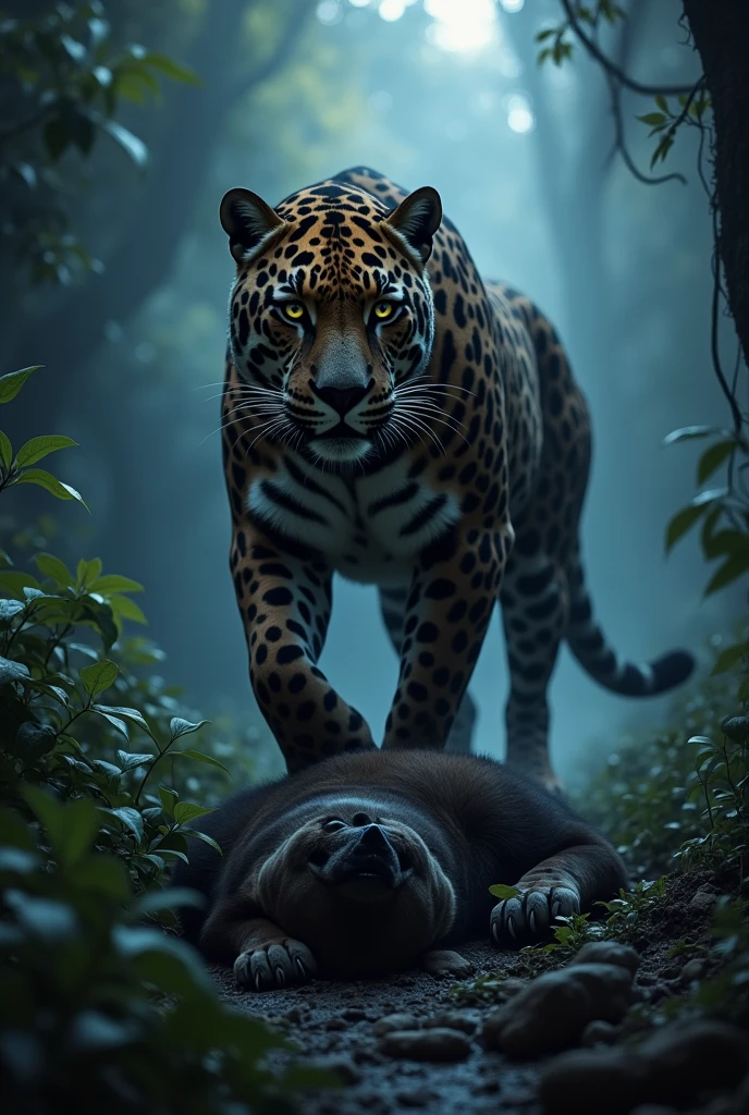 A majestic jaguar standing triumphantly over a defeated hyena in a dense, dark jungle. The jaguar's powerful muscles are highlighted under a beam of moonlight filtering through the canopy, with its piercing eyes glowing in the dark. The hyena lies on the ground, showing signs of defeat, surrounded by lush foliage. The scene is dramatic, with a misty atmosphere, capturing the intense moment of victory. The style is reminiscent of Midjourney, with detailed textures, high contrast, and a cinematic feel.The Spotted hyena lying on the ground 