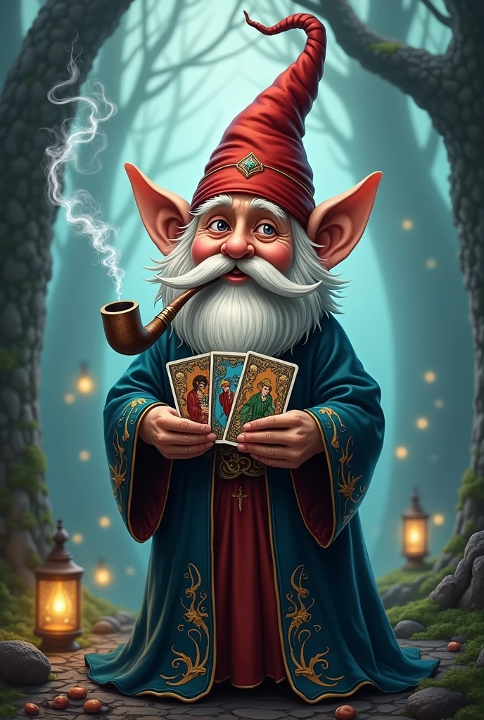 Gnome with a red hat, dark blue clothes with tarot cards in hand and smoking pipe
