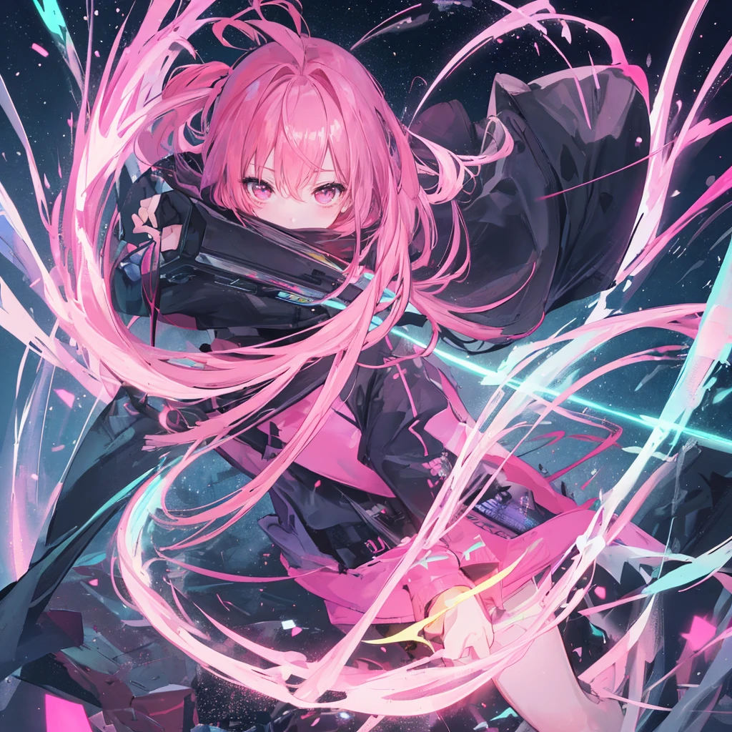 Woman with long pink hair, night, neon, UFO, , Galaxy Background, neon lights, Black clothes with LEDs, 4K