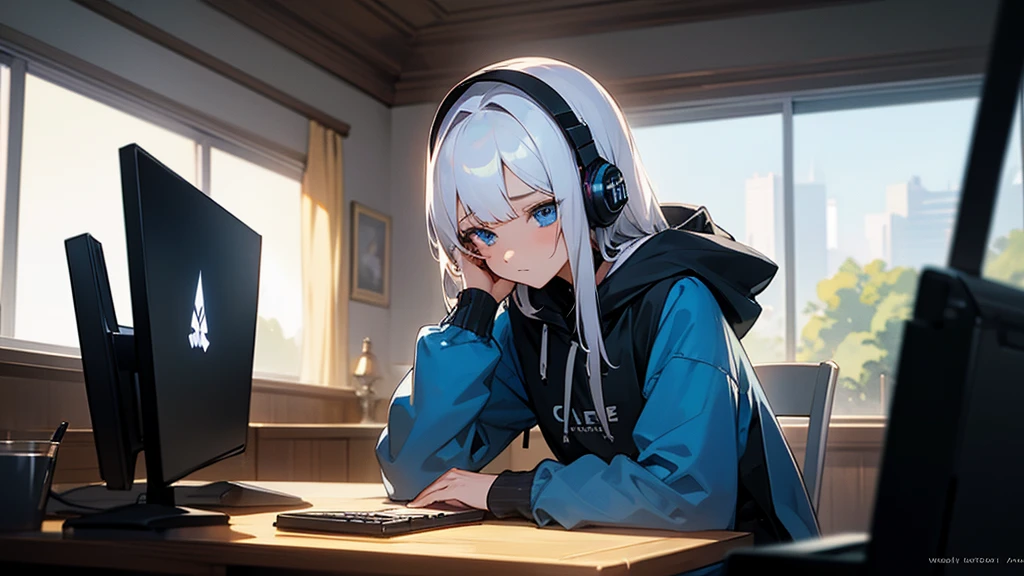 Best quaility, masterpiece, 4k, at night, A girl with white hair with blue eyes and around middle school age was wearing a hoodie, cheek cane, she wears a headset, she is facing the PC and not facing me, so I can't see her face, she is in a cafe which has sunlight shining in the building, working on something on her note PC