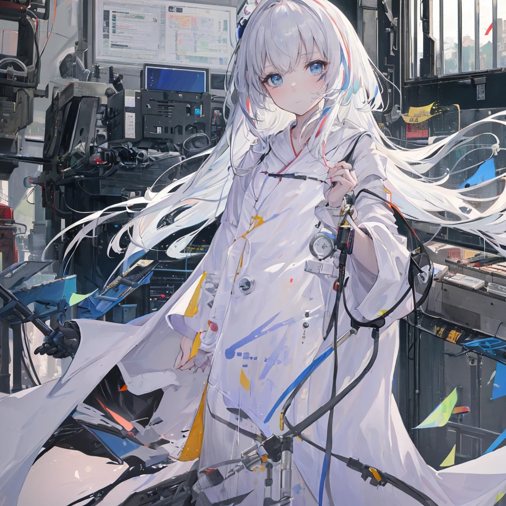 (masterpiece:1.4), (artwork:1.2), (Soft and simple colors:1.2), (Robotic Arm:1.1), (Heterochromia+Colorful:1.33), (1 Girl:1:1), (White hair，With bangs), (portrait:1:1), (Best Decomposer), (Wear+Technical Robe:1:2), (Very elongated eyes:1.3), (Well made iris flowers+painted+Perfect:0.8)0.7], (Extremely detailed CG 8k unit wallpaper 0.6), (Machine shop scene:1:1)
