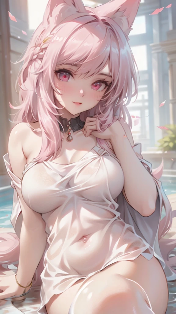 fantasy,fox girl, fox ears, fox tail, pink hair, big breasts, nude, (masterpiece, best quality), sidelightning, ,beautiful detailed eyes, open mouth, slave chains, slave collar, cottage, cum, (sweat), (used condom), used tissue,
