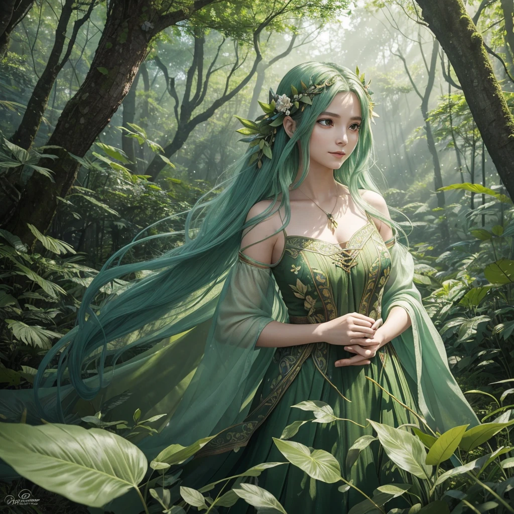 "A Leaf Fairy, a mystical creature connected deeply with nature and the wind. She has flowing green hair, delicate wings resembling leaves and flowers, and eyes that exude the vitality of nature. Though she appears to be in her early 20s, her true age is unknown, adding to her enigmatic aura. She is dressed in modest, plant-based clothing that emphasizes her close bond with the earth. Her expression is always gentle and calm, with a motherly smile that radiates warmth and serenity. New Leaf Fairies emerge from the ancient trees and fertile ground within lush forests, continuing the cycle of life in harmony with the natural world."