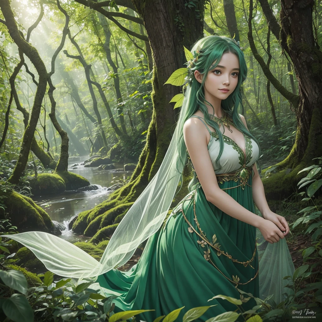 "A Leaf Fairy, a mystical creature connected deeply with nature and the wind. She has flowing green hair, delicate wings resembling leaves and flowers, and eyes that exude the vitality of nature. Though she appears to be in her early 20s, her true age is unknown, adding to her enigmatic aura. She is dressed in modest, plant-based clothing that emphasizes her close bond with the earth. Her expression is always gentle and calm, with a motherly smile that radiates warmth and serenity. New Leaf Fairies emerge from the ancient trees and fertile ground within lush forests, continuing the cycle of life in harmony with the natural world."