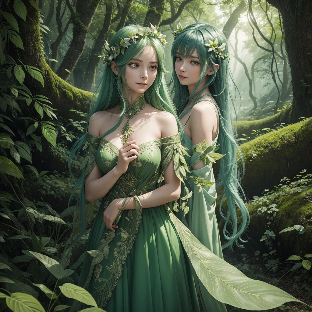 "A Leaf Fairy, a mystical creature connected deeply with nature and the wind. She has flowing green hair, delicate wings resembling leaves and flowers, and eyes that exude the vitality of nature. Though she appears to be in her early 20s, her true age is unknown, adding to her enigmatic aura. She is dressed in modest, plant-based clothing that emphasizes her close bond with the earth. Her expression is always gentle and calm, with a motherly smile that radiates warmth and serenity. New Leaf Fairies emerge from the ancient trees and fertile ground within lush forests, continuing the cycle of life in harmony with the natural world."