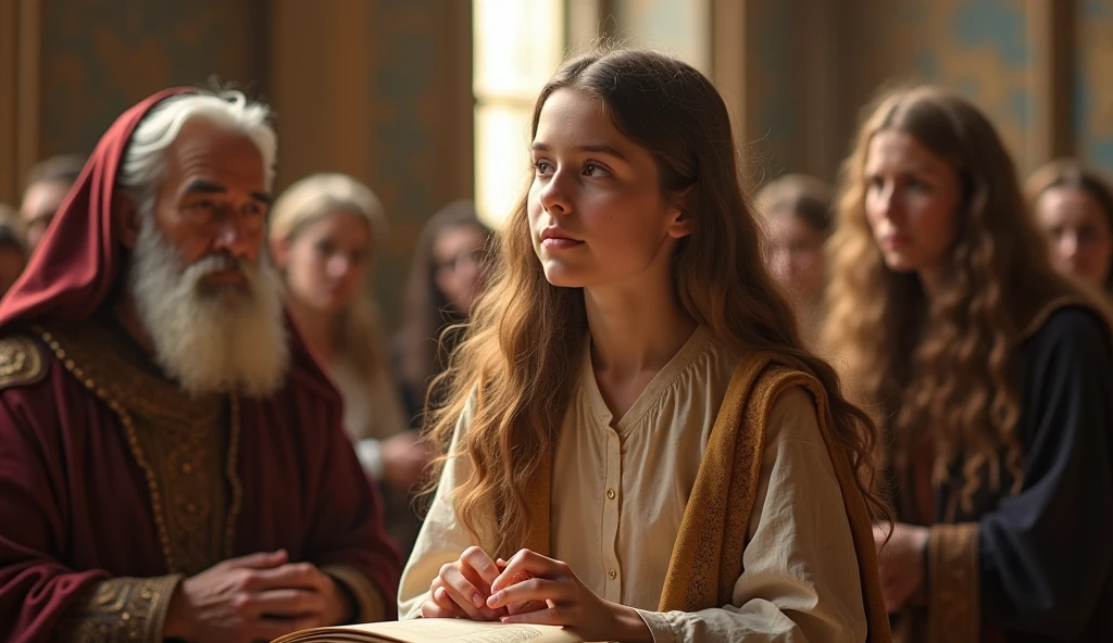 A scene of young Mary in the temple, listening and learning from the wise. The environment is rich in architectural details, with natural light coming in through the windows, symbolizing wisdom and the search for knowledge.