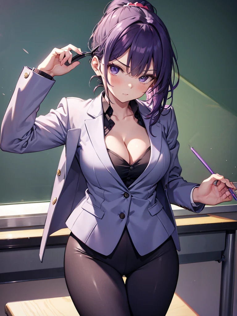 ponytail, (((Cleavage))), (((teacher, adult woman))), (((solo))), purple hair, (((business suit, leggings))), shirt, (((look down))), angry, whip, Slender, classroom, tight skirt, underware
