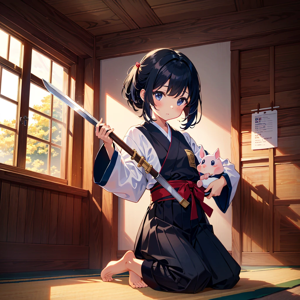 {{{Masterpiece, highest quality, high resolution background}}}, bright and beautiful atmosphere, 1 girl (7 years old, round face, baby face), small breasts, kendo dojo, girl wearing kendo uniform and holding a wooden sword, bare feet, Mini pig removed from the gap, "deltamon_sdXL :0.73)>Deltamon"