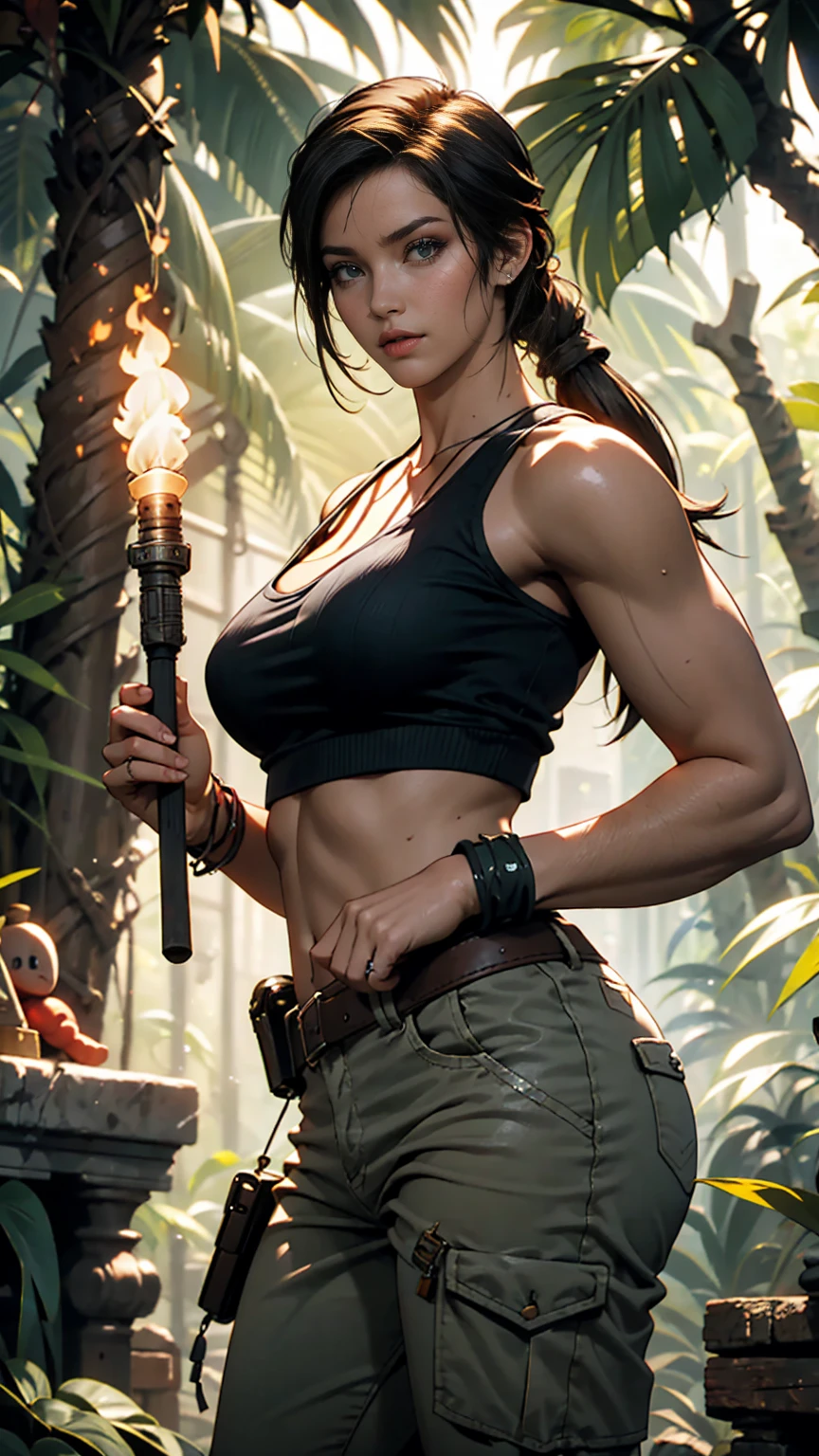 Tomb Radar、Lara Croft、jungle、ancient ruins、Hold up a lit torch、Hold a pistol