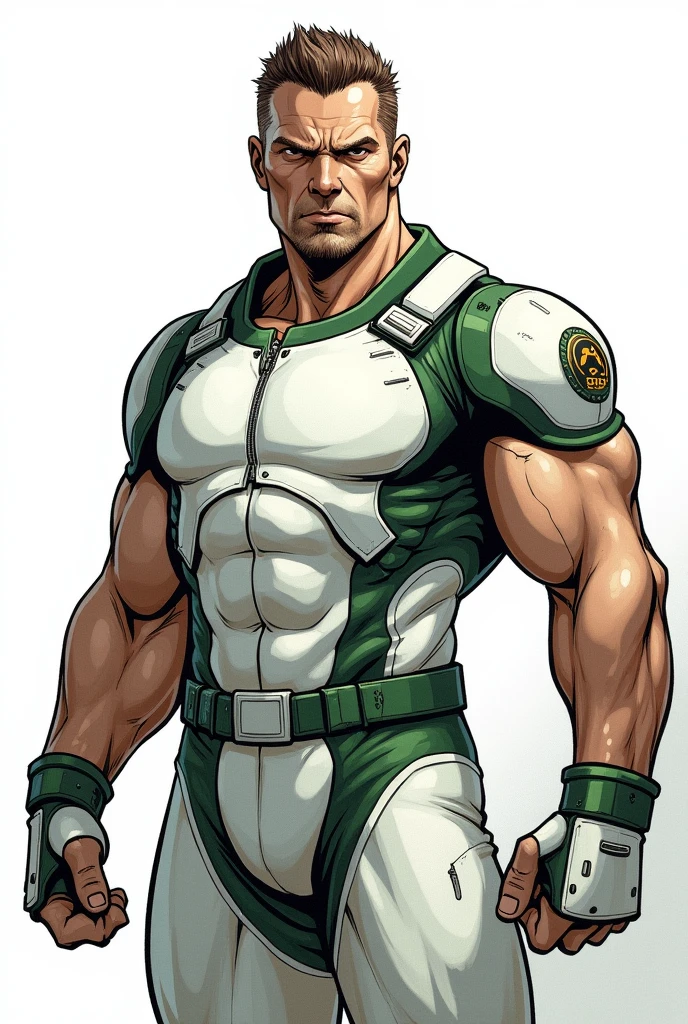 Male comic book style character with the appearance of a 50 year old man with a very strong body and an intimidating face, low-cut hair with a brown machine.. With a white space military suit with green detail with an emblem on the shoulders that says bravex.