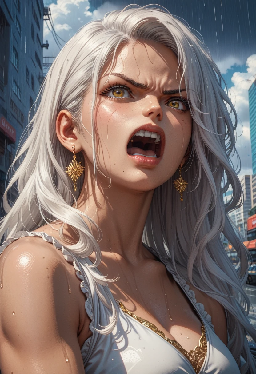 Adult, female, mature, long white hair, beautiful white hair, white hair, perfect golden eyes, perfect golden irises, toned figure, wearing angelic clothing, dark skin, panicking, city, dark clouds, annoyed, angry, disgusted, brown skin, woman of color, Masterpiece, Anatomically Correct, Accurate, Best Quality, Detail, High Details, Quality, Super Detailed, High Quality, sitting on side walk, hurt, yelling, shouting, pointing at the sky, rain, thunderstorm,