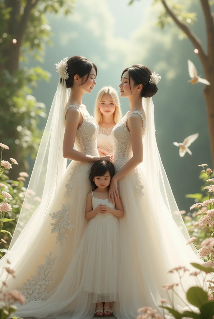Two Asian women dressed as brides. a taller blonde. Another shorter brunette.