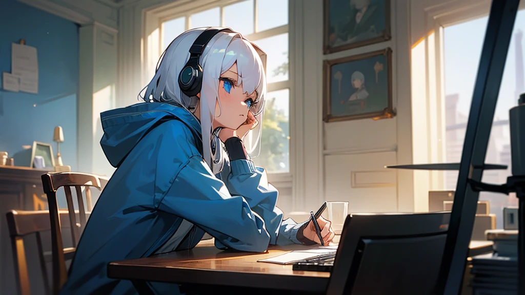 Best quaility, masterpiece, 4k, at night, A girl with white hair with blue eyes and around middle school age was wearing a hoodie, cheek cane, she wears a headset, she is facing the PC and not facing me, so I can't see her face, she is in a cafe which has sunlight shining in the building, working on something on her note PC