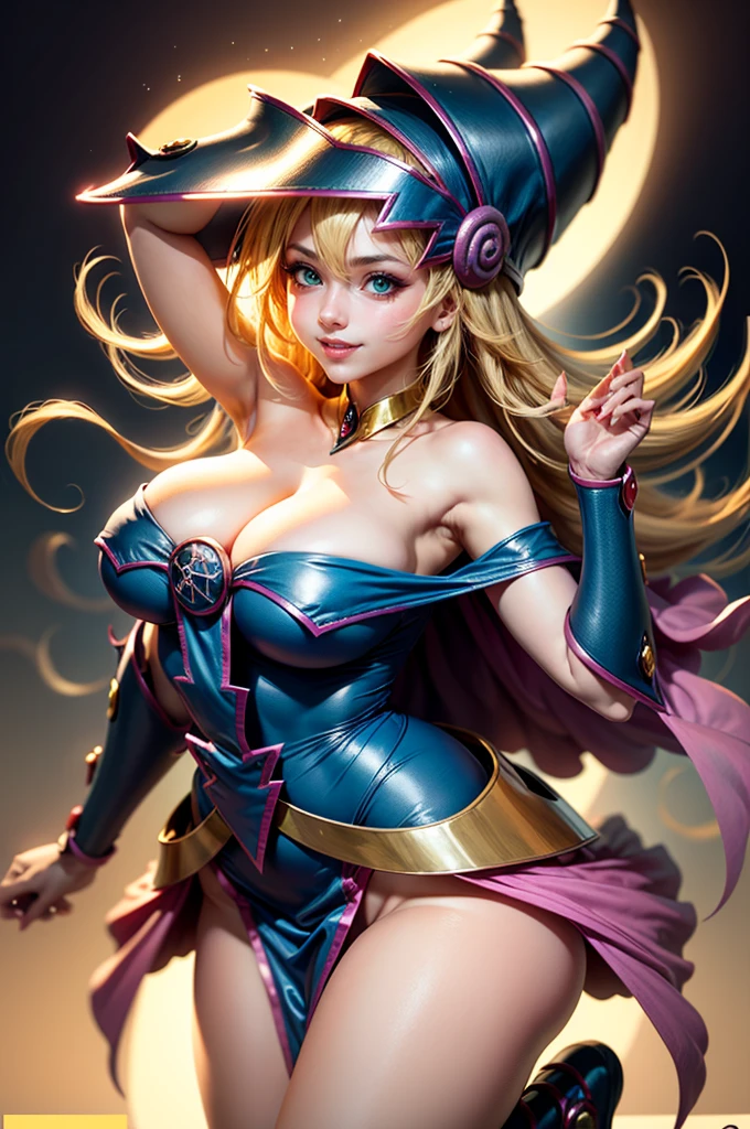 (masterpiece:1.2), (The best quality:1.2), perfect lighting, Dark magician girl with and big hips and small waist casting a spell,Full body viewable from head to toe., very close to the screen...in his twenties, floating in the air, huge visible, transparent neckline, blue robe, big hat, from above, shines, Yugioh games, The magic of the heart. LIGHTS OF THE HEART, romantic heart. very smiling