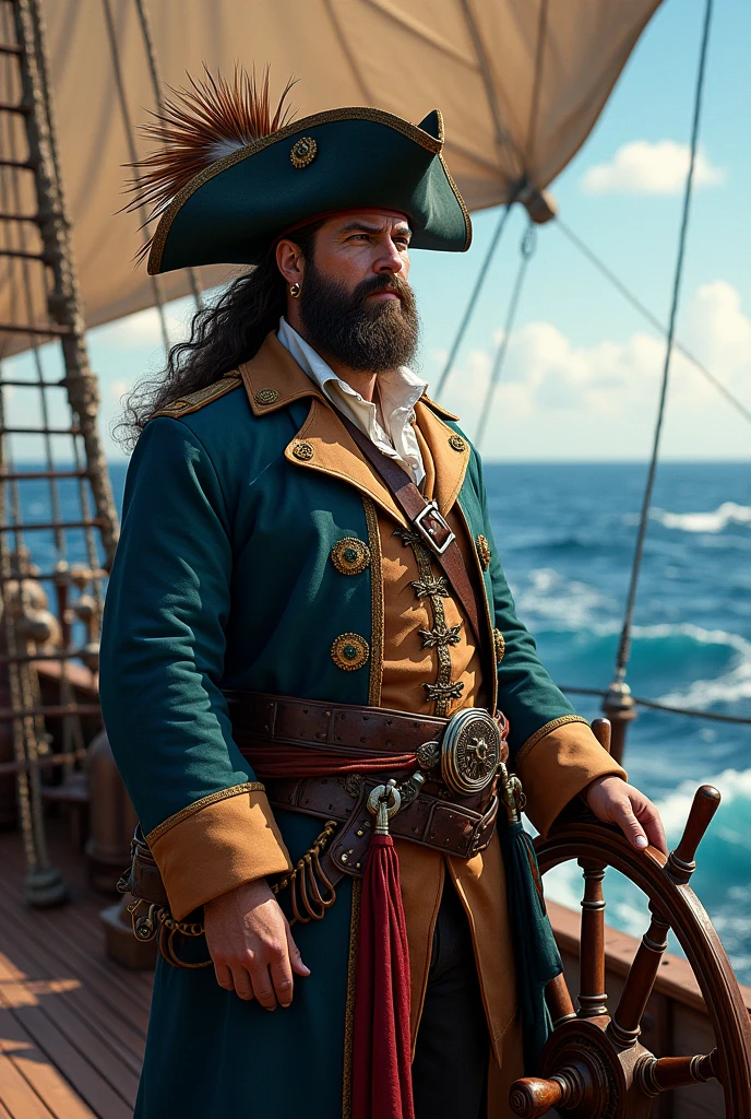 Create a highly detailed portrait of a pirate captain standing proudly on the deck of his ship, with the vast, open sea stretching out behind him. The captain is a commanding figure, dressed in a richly adorned pirate coat with gold embroidery, a wide-brimmed hat adorned with a large feather, and a weathered, leather belt holding a gleaming cutlass. His face, rugged and seasoned by years at sea, features a well-groomed beard and a sharp, piercing gaze that reflects his cunning and authority. A single gold earring glints in the sunlight, and his eyes are filled with both the wisdom of countless voyages and the daring spirit of a true pirate.

The background showcases the grandeur of the ocean, with endless waves rolling beneath a bright, clear sky. The ship's sails billow in the wind, and the wooden deck is alive with the activity of the crew, though the focus remains on the captain. The ship itself is a formidable vessel, with tall masts, intricate carvings along the rails, and cannons ready for battle.

The horizon is dotted with distant islands and perhaps the faint silhouette of another ship, hinting at adventures yet to come. The sunlight casts a warm, golden glow over the scene, highlighting the captain's confident stance at the helm of his ship, one hand resting on the hilt of his sword, the other gripping the ship's wheel. The overall mood is one of dominance, freedom, and the untamed spirit of the sea, embodied in the figure of the pirate captain."

This prompt should help create a majestic and detailed portrait that captures both the power of the sea and the commanding presence of a pirate captain.