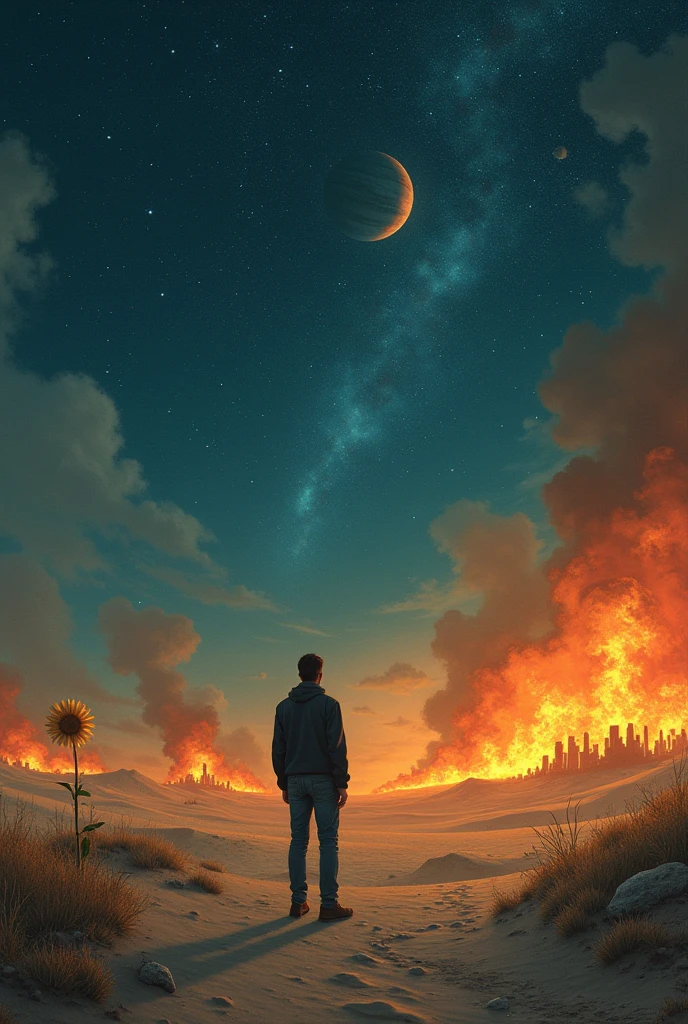 Lonely man in the night desert. in the background a city. on fire, next to the man a beautiful flower, starry sky , HD, the man is with his back turned, in surreal style, dreamlike painting,  best style Delhi, fire, planets in the sky