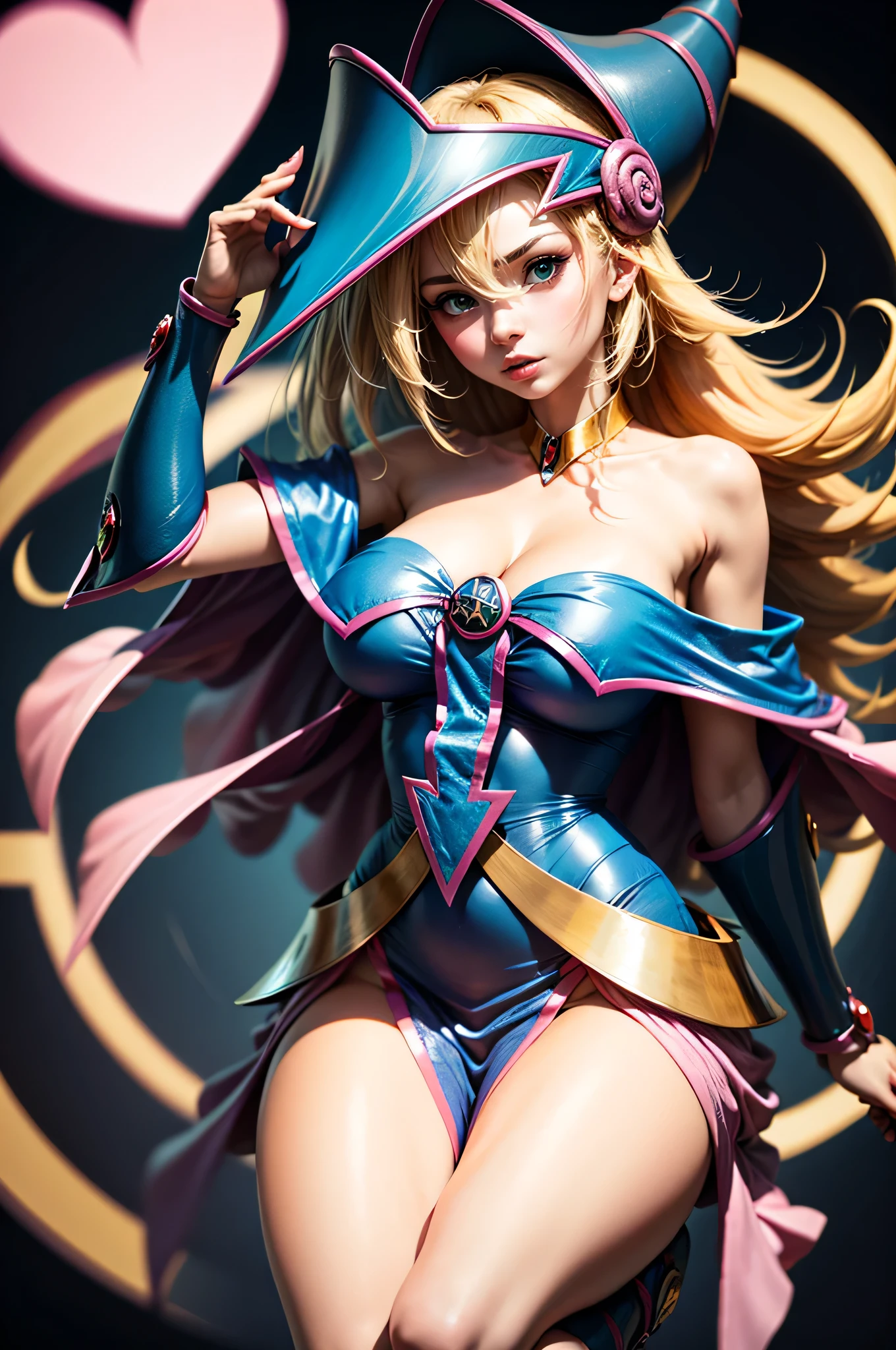 (masterpiece:1.2), (The best quality:1.2), perfect lighting, Dark Magician Girl with big breasts and big hips small waist casting a spell,full body that can be seen from head to toe, very close to the screen..in his twenties, floating in the air, huge tits visible, transparent neckline, blue robe, big hat, from above, Sparkles, Yugioh game, The magic of the heart. LIGHTS OF THE HEART, romantic heart.