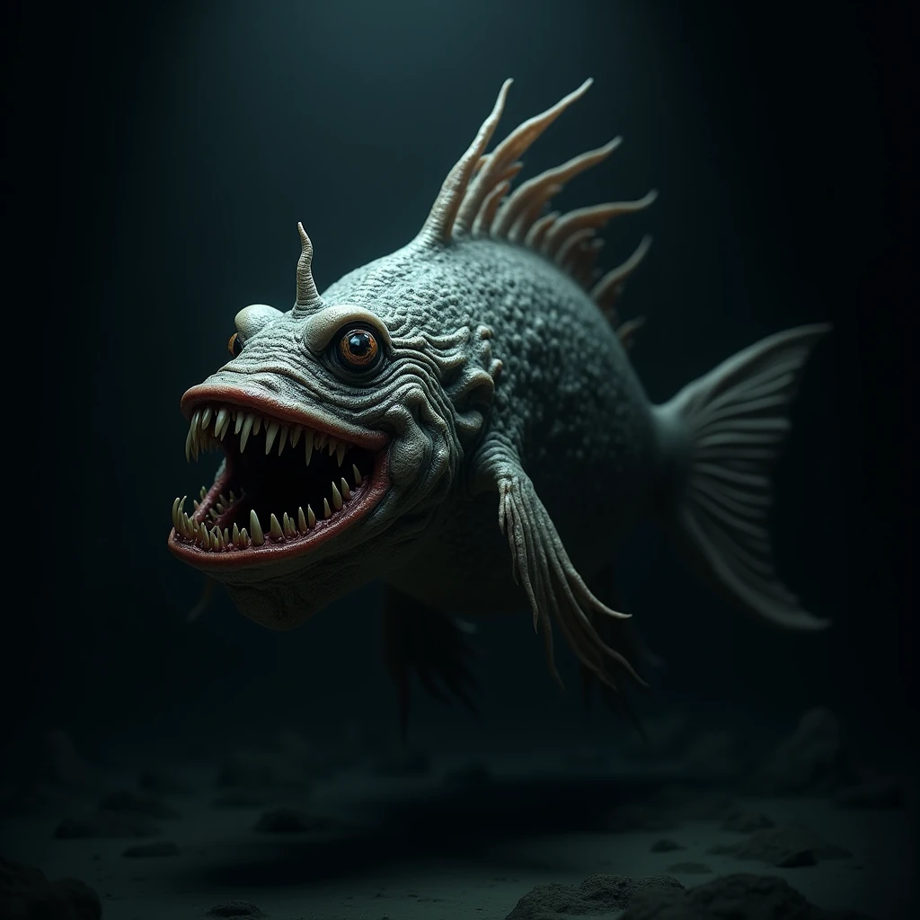 ((total darkness black screen, in the center is a terrible, insanely scary, crooked, toothy horror anglerfish, mega horror terrible nightmare very elaborate horror scp anglerfish as if drawn, ultra quality ))
