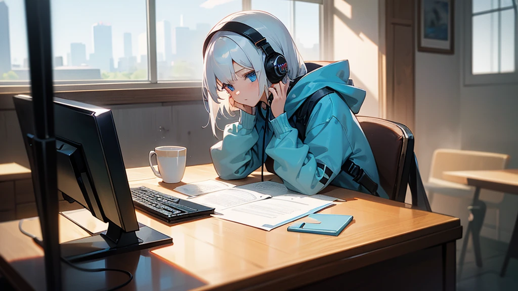 Best quaility, masterpiece, 4k, at night, A girl with white hair with blue eyes and around middle school age was wearing a hoodie, cheek cane, she wears a headset, she is facing the PC and not facing me, so I can't see her face, she is in a cafe which has sunlight shining in the building, working on something on her note PC