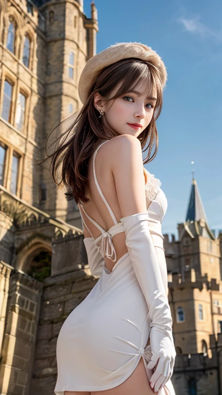 (A hyper-realistic)、(illustratio)、(hight resolution)、(8K)、(ighly detailed)、(Best Illustration)、(beautifully detailed eyes)、(top-quality)、(ultra-detailliert)、(masterpiece)、(wall-paper)、(A detailed face)、独奏、1 girl in、looking at viewert、fine detailed、A detailed face、in the darkness nigth、deep-shadows、lowkey、pureerosfaceace_v1、A smile、long、Black shawl straight hair、46-point diagonal bangs, ((White lace dress、a miniskirt))(off shoulders)((Beautiful woman standing on the balcony of the castle))(((skirt by the, No panties))),Tration: 1.1), (Best Shadow: 1.1), tongue、Vaginal orchids、Runny Vaginal Discharge、Blowing tide、Very beautiful breasts、 (Slim legs)、(posterior view)((Reach behind your back))((stick out buttocks))