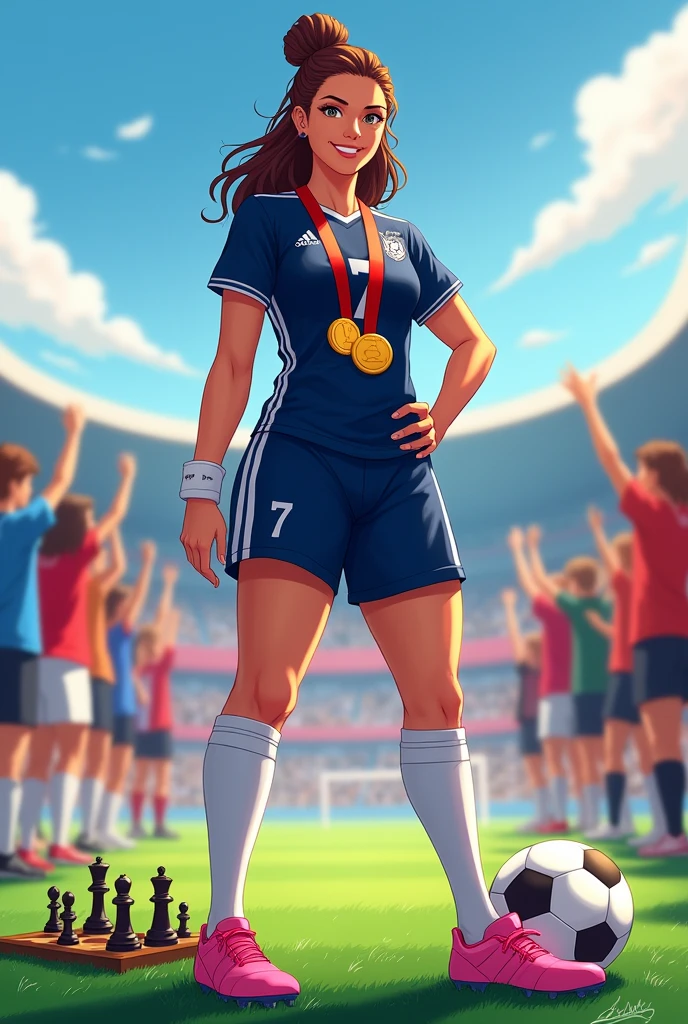a brown woman, long wavy brown hair tied in a topknot, one meter and 60, more or less 65 kg, shorts with number 7, Shirt with the number 7, high socks, pink soccer cleats, white band on the left wrist, with a soccer ball, a chessboard and many first place medals around his neck, vibrating alongside your fans