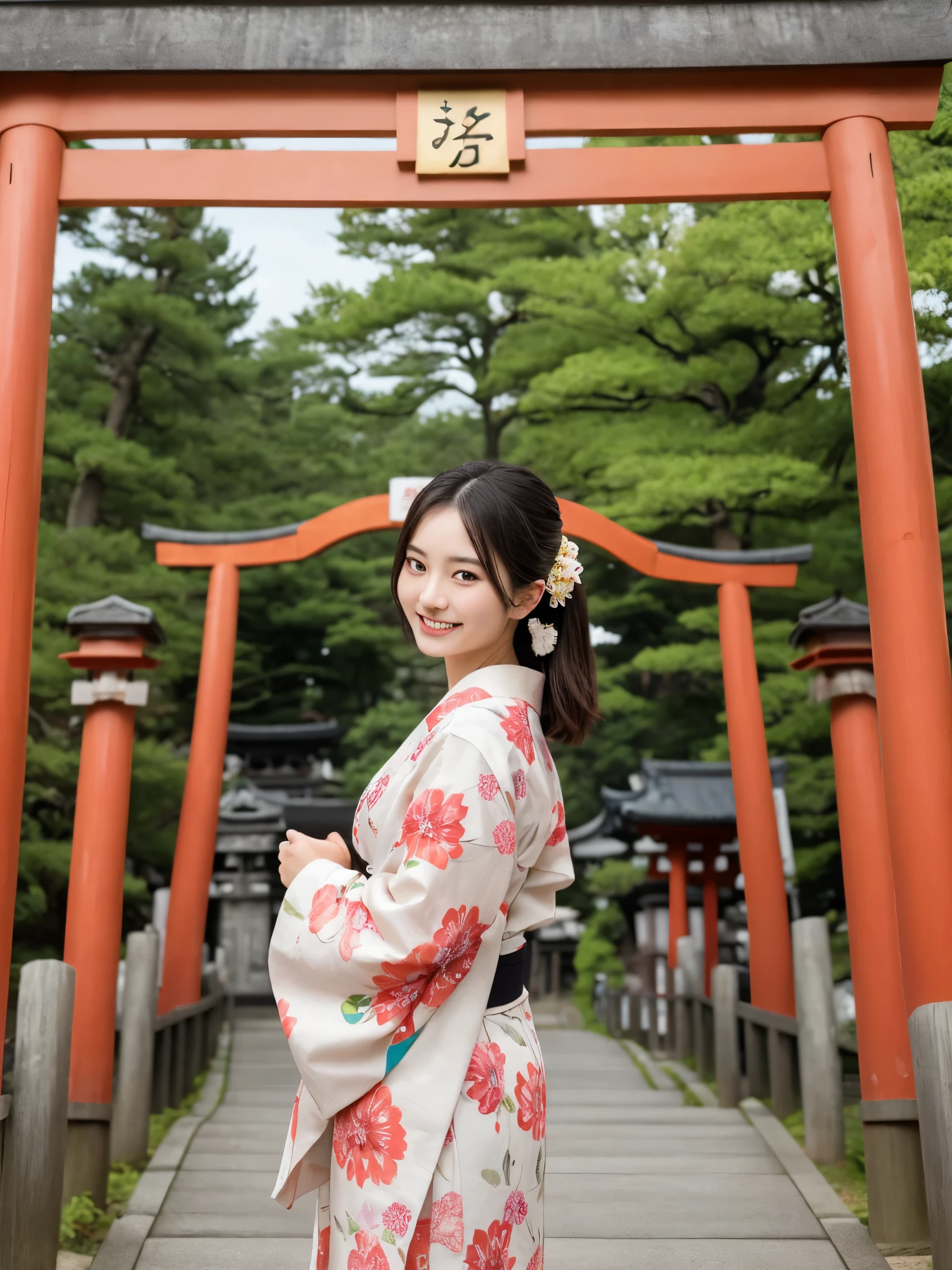 1girl, 18 years old, cute and beautiful, solo, highres, best_quality, masterpiece, detailed_background, intricate_details, beautiful, kyoto, fushimi_inari, torii_gate, shrine, traditional_clothes, kimono, looking_back, serene, smile, dynamic_pose, natural_pose, candid, happy