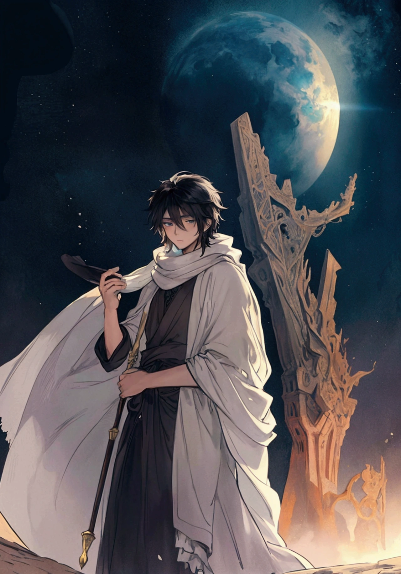 (Masterpiece), ((Highest Quality)),(Official Art),dark epic:1.2),(1 solo anime boy: 1.3). A Middle-Eastern boy with black hair, brown skin, and white keffiyeh. He wears a white desert robe and his lower face is obscured by a veil with a desert sunset background. Detailed picture. Detailed eyes. Masculine jaw. Soft fairytale picture Arthur Rackham-style. Colorful, best detailed ((super detailed)), (highly detailed 2D anime boy illustration), ((dark and beautiful))