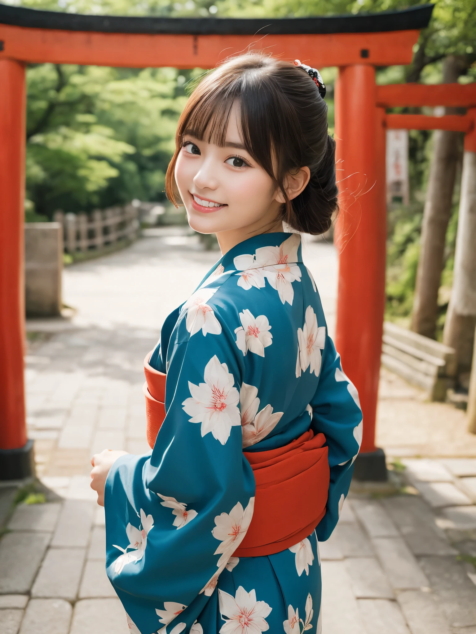 1girl, 18 years old, cute and beautiful, solo, highres, best_quality, masterpiece, detailed_background, intricate_details, beautiful, kyoto, fushimi_inari, torii_gate, shrine, traditional_clothes, kimono, looking_back, serene, smile, dynamic_pose, natural_pose, candid, happy