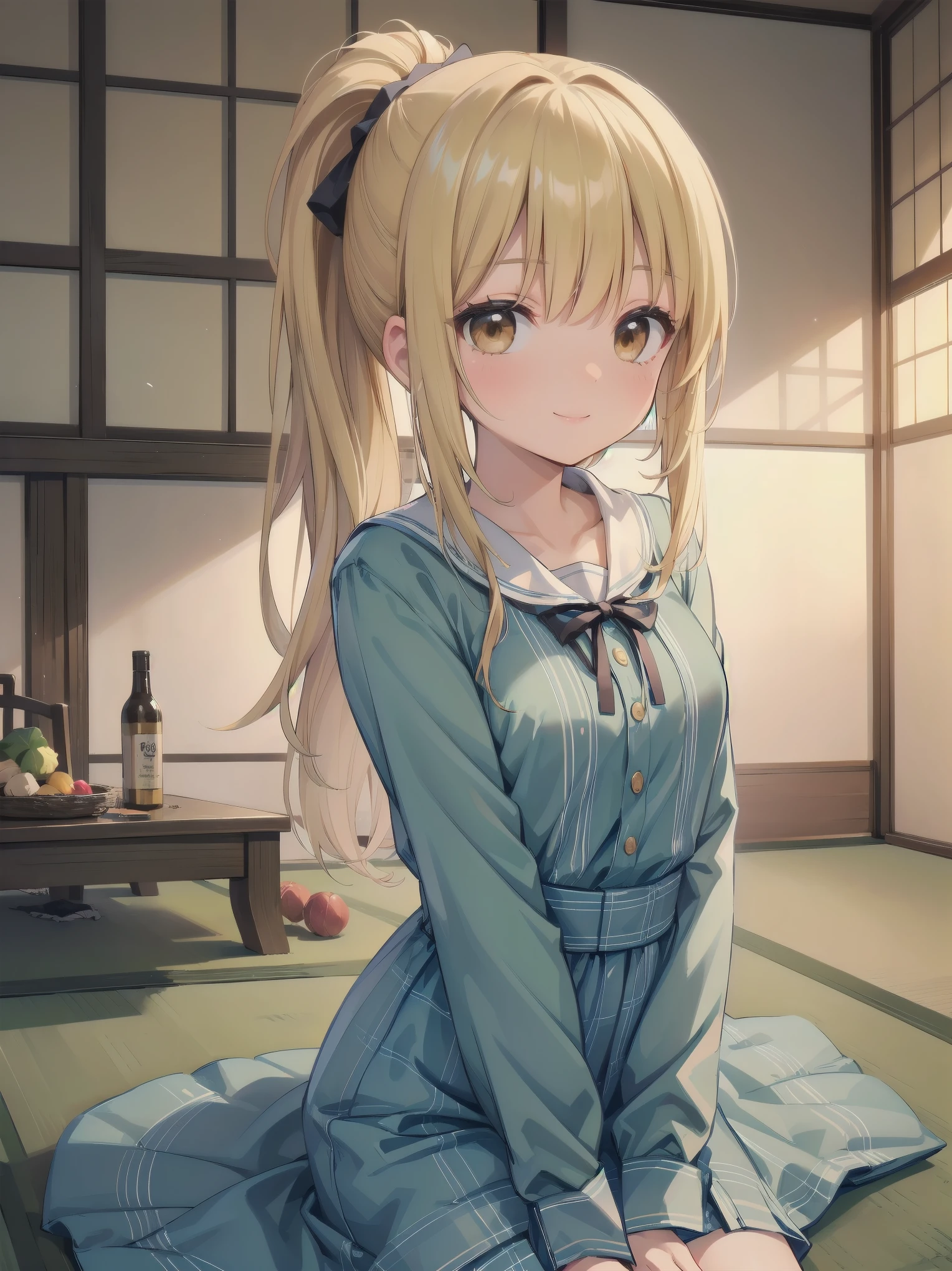 (Masterpiece: 1.3), (Best Quality: 1.2), close-up of one beautiful girl, super hyper-detailed illustration,
BREAK
(Body type: slender, small breasts, naturally charismatic)
BREAK
(Face: outstanding looks, mature beauty, golden brown eyes)
BREAK
(Hairstyle: ponytail, long hair with a smooth texture, layered lightly around the face, ends at chest level, blonde hair)
BREAK
(Fashion: plaid printed splicing dress with vintage long sleeves, modest and stylish)
BREAK
(Pose: bending forward, arms behind her back, bright and inviting smile, silky hair)
BREAK
(Background: cozy, natural interior with wooden features and green tones, 7 tatami mat room with a cosmetic table, bed, futon, cushion, chair, and accessories)