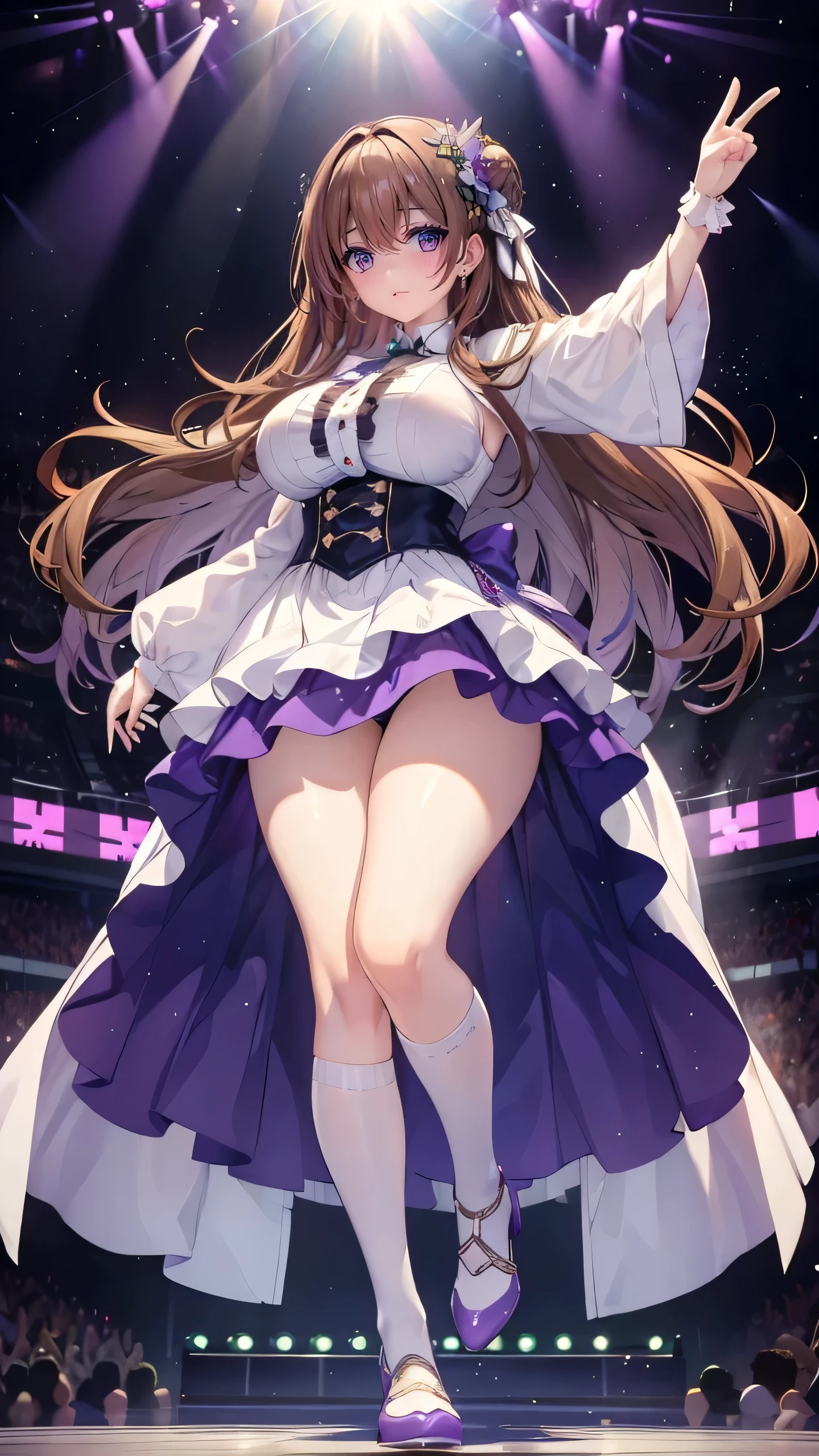 Fisheye Lens、Plump thighs、Super huge breasts、looking at the camera、Embarrassed、Highest quality、All limbs、Full Finger、Slender beauty、Straight hair、Brown Hair、your、green, White and purple idol costume、White panties、Knee-high socks、Beautiful big 、Live Stage、sing、Dancing、Big smile