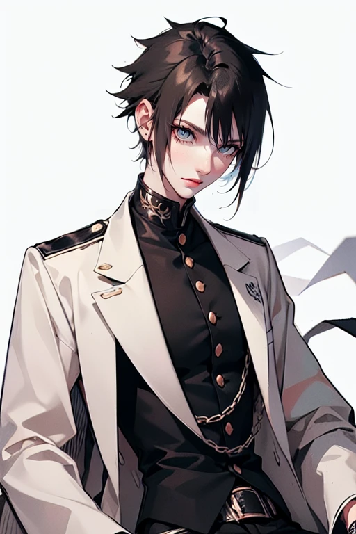 1 male (tall man, slim, manly, dominate, messy black-haired, tough, wearing a emo outfit.) best quality, ultra-detailed, illustration, complex, detailed, extremely detailed, detailed face, soft light, soft focus, perfect face, illustration, full body pose, tight outfit.