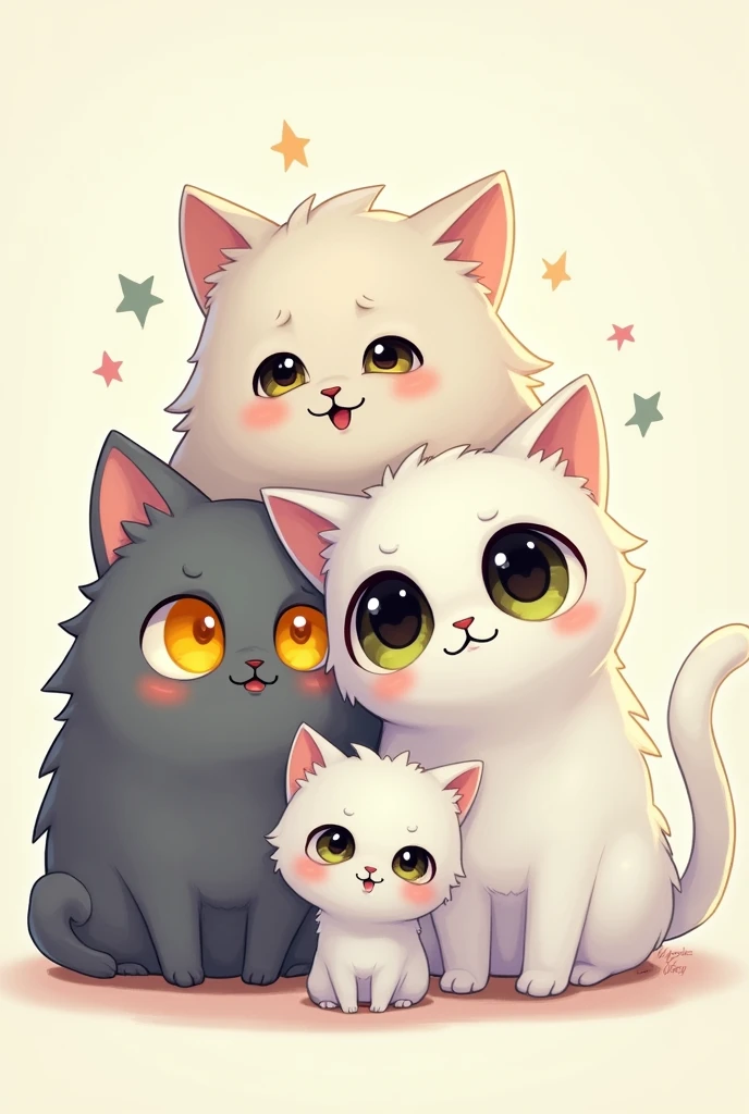 Draw 3 Cats: First, chubby, gray cat with yellow eyes, second cat, white with big black and yellow eyes, and third small, white cat with gray and some stripes of green eyes
