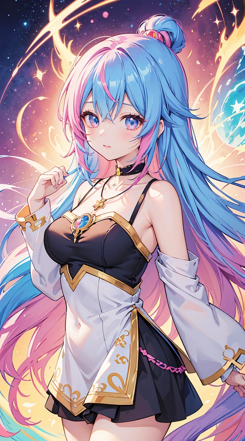 Close-up of a woman with colorful hair and necklace, anime girl with cosmic hair, Rossdraws soft vibrancy, Gouviz style artwork, fantasy art style, colorful], vibrant fantasy style, Rossdraws cartoon full of vitality, cosmic and colorful, Guweiz, colorful digital fantasy art, stunning art style, beautiful anime style, glowing hair