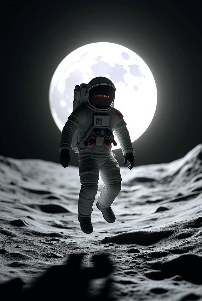 Astronaut jumping on the moon silhouette in the distance so the full moon can be seen