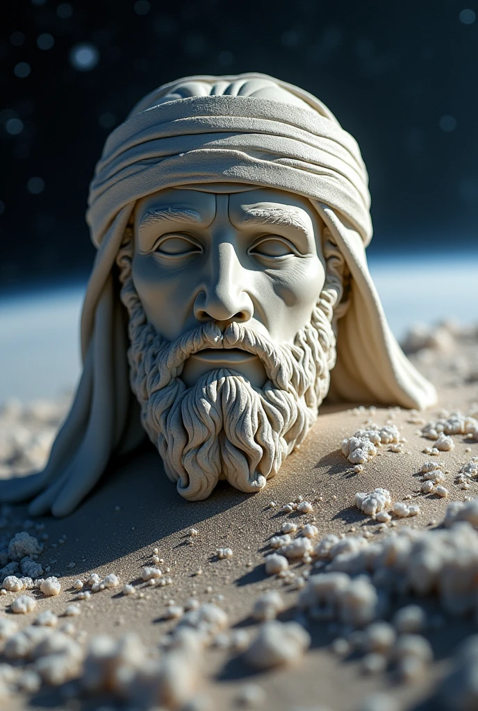 Une main qui verse du sel sur la planète terre dans l'espace, en fond on peut apercevoir un visage de dieux grec masculin avec un bandeau blanc sur les yeux