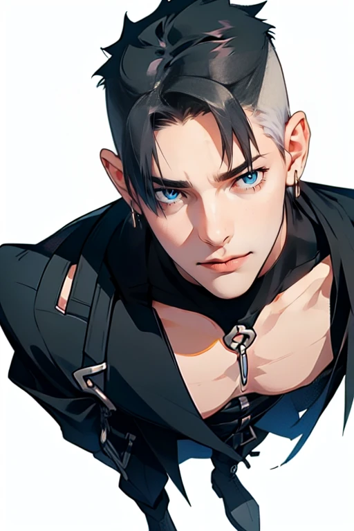 1 male, has eye cover with eye patch, (tall man, slim, manly, dominate,  shaved head, tough, wearing a goth outfit, has 1 earring.) best quality, ultra-detailed, illustration, complex, detailed, extremely detailed, detailed face, soft light, soft focus, perfect face, illustration: Full Body