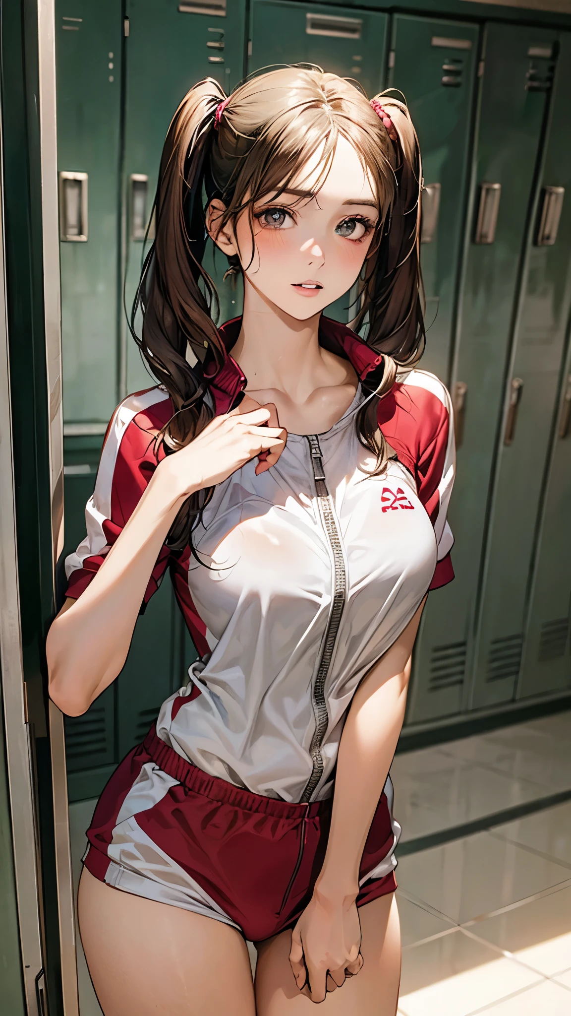 (masterpiece:1.2, highest quality), (realistic photo:1.4), beautiful illustrations, (natural side lighting, movie lighting),
beautiful hair, beautiful face, detailed and beautiful eyes, beautiful clavicle, beautiful body, beautiful breasts, beautiful thighs, beautiful feet, beautiful fingers,
looking at the viewer, 1 girl, , (perfect anatomy, anatomically correct, super detailed skin), cute symmetrical face, baby face, pce, perfect eyes,
(middle hair, twin tails, sideburns, light brown hair), swept bangs, grey eyes, long eye lasher, (large breasts, seductive thighs), perfect body, shiny skin, slender,
(track suit), thighs,
(beautiful scenery), evening, (locker room), (stand in front of the locker), (nervous, looks down, parted lips),