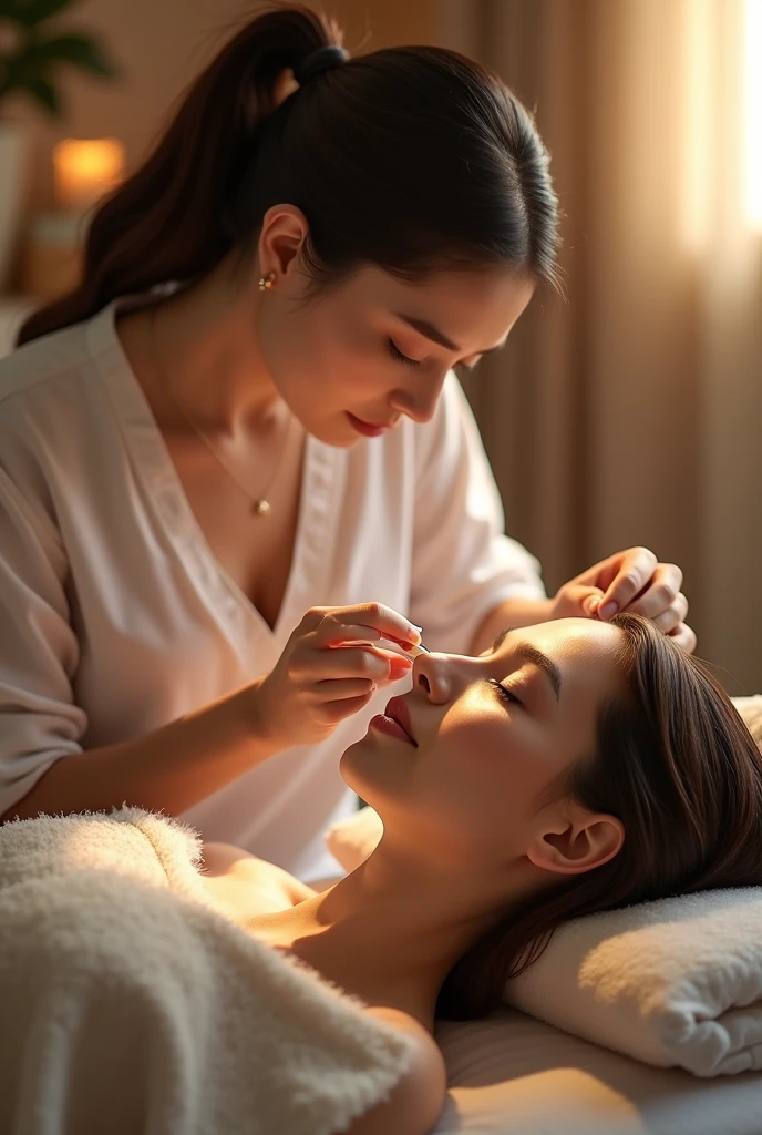 a woman giving eyelash treatment to another woman