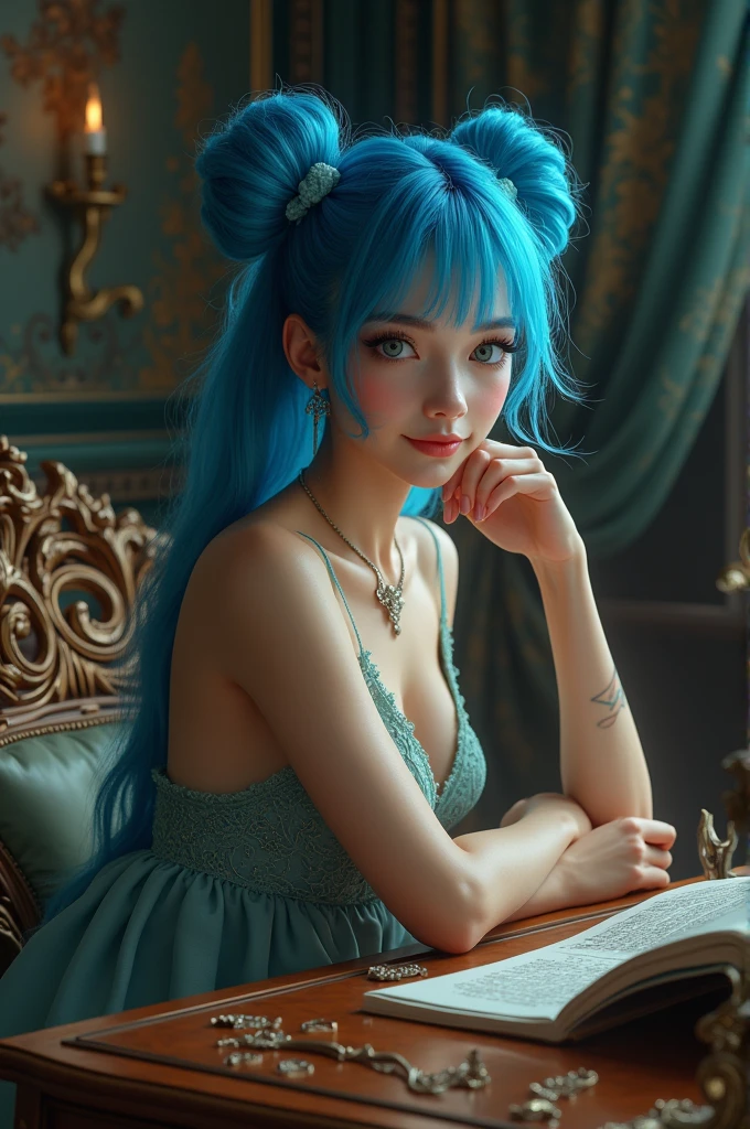 highly detailed, 8k, masterpiece, 1girl, Blue frilled_hair_tubes, dress, bend_over , smirk, (perfect_face), sitting, desk, ornate, intricate, dramatic lighting, 4k, detailed_background, caustics, full_body, (hyperrealistic:1.3), bloom,(beautiful lighting:1.3), caustics, dynamic lighting, beautiful lighting,  