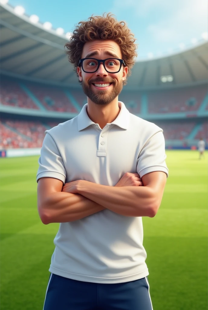 Create a curly soccer coach with glasses
