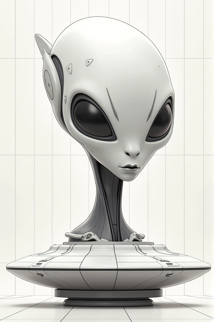 Generate a detailed digital illustration of a futuristic humanoid alien bust. The figure should have a large, elongated head with smooth, featureless surfaces, and big, oval-shaped eyes. The mouth is small, almost like a simple slit. The neck is thin and connects directly to a flying saucer, which serves as the base of the bust. The saucer has a classic, disc-shaped design with subtle lights and mechanical details. The overall look is minimalist but clearly advanced, with the bust resembling a blend of organic and robotic elements. Set the illustration on a grid-lined background for reference.