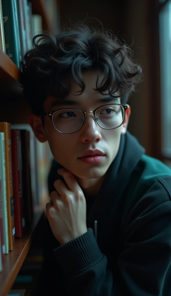 best quality, masterpiece, extremely detailed, 25 year old nerdy man, wearing glasses, innocent face, leaning against bookshelf, in library, afterhours, at night, very dim lighting, dark cinematic shadows, dreamy atmosphere, perfect face, perfect hands, perfection