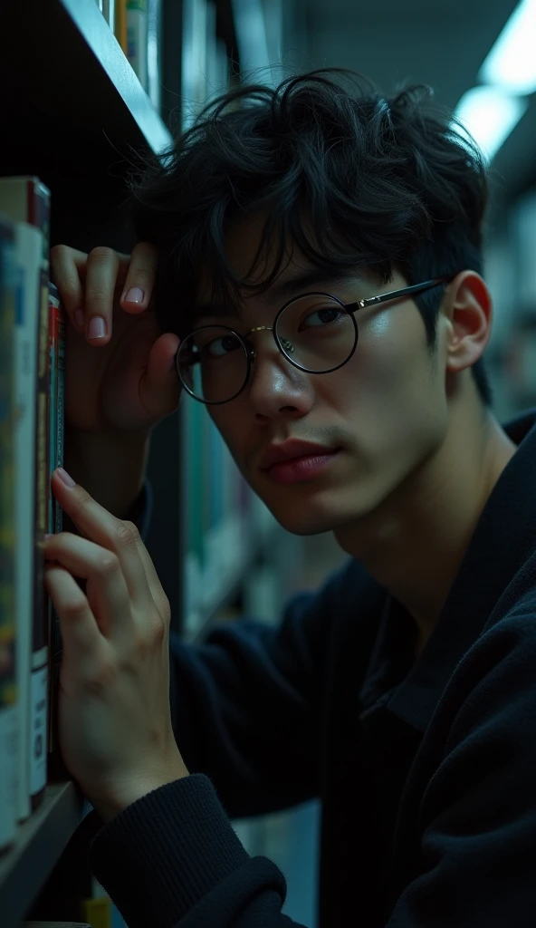 best quality, masterpiece, extremely detailed, 25 year old nerdy man, wearing glasses, innocent face, leaning against bookshelf, in library, afterhours, at night, very dim lighting, dark cinematic shadows, dreamy atmosphere, perfect face, perfect hands, perfection